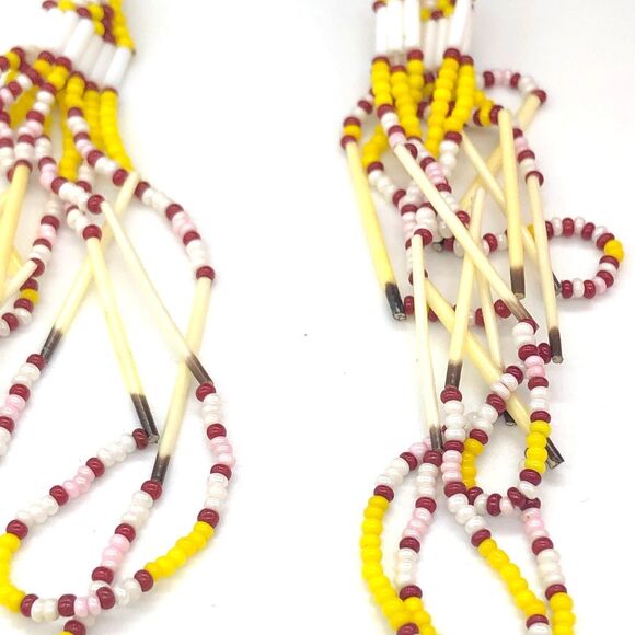 Beaded Drop Earrings Handmade Yellow Red Cream - Picture 3 of 7